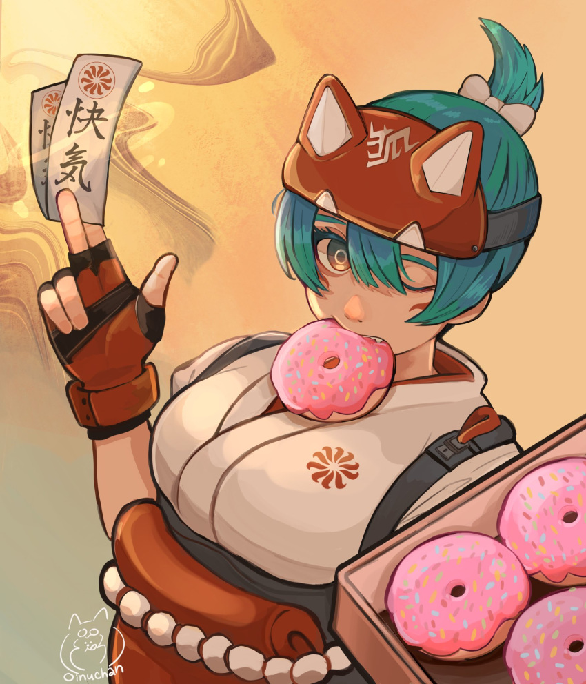 1girl animification artist_name blue_hair box commentary doughnut fang fingerless_gloves food food_in_mouth gloves headgear highres japanese_clothes kimono kiriko_(overwatch) leaning_back looking_at_viewer obi oinu-chan one_eye_closed overwatch overwatch_2 ponytail red_gloves sash solo symbol-only_commentary talisman upper_body violet_eyes white_kimono