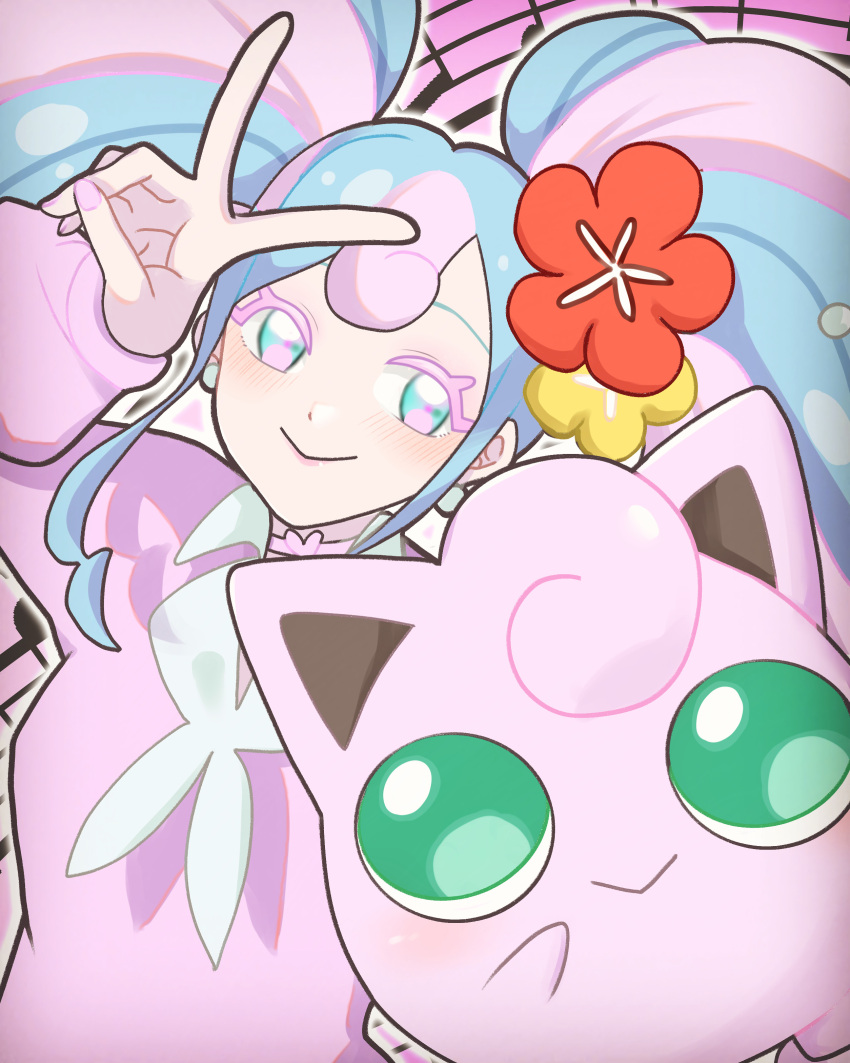 1girl absurdres blue_eyes blue_hair colored_eyelashes fairy_miku_(project_voltage) flower hair_flower hair_ornament hatsune_miku highres jigglypuff kotomine_hisui long_hair long_sleeves multicolored_eyes multicolored_hair nail_polish orange_flower pink_eyes pink_hair pink_nails pink_sweater pokemon pokemon_(creature) project_voltage smile staff_(music) sweater twintails v vocaloid yellow_flower