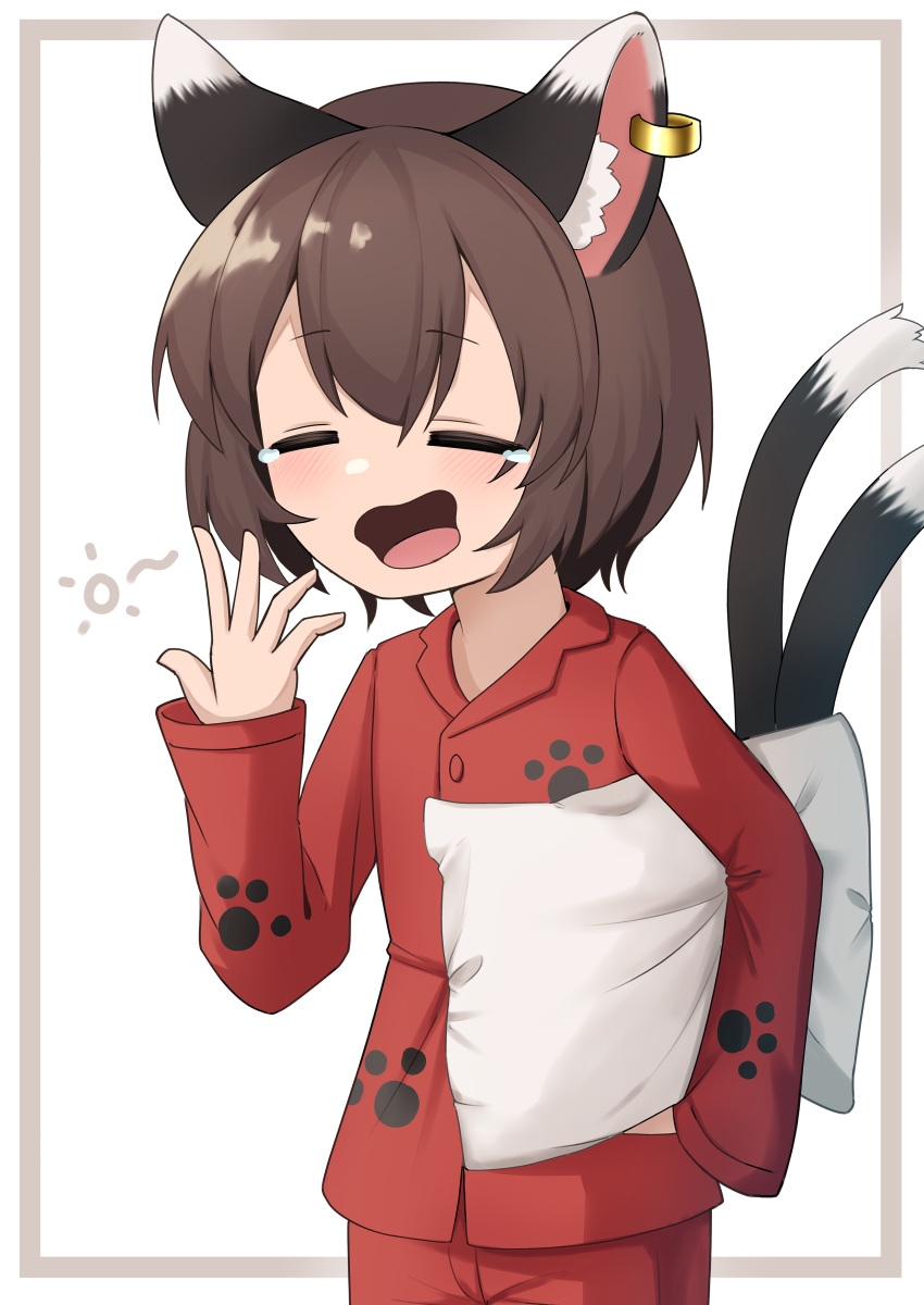1girl absurdres animal_ear_fluff animal_ear_piercing animal_ears asakura_haru border brown_border brown_hair cat_ears cat_tail chen closed_eyes commentary_request double-parted_bangs highres holding holding_pillow multiple_tails no_headwear pajamas paw_print paw_print_pattern pillow red_pajamas short_hair simple_background sleepy solo tail tears touhou two_tails white_background yawning
