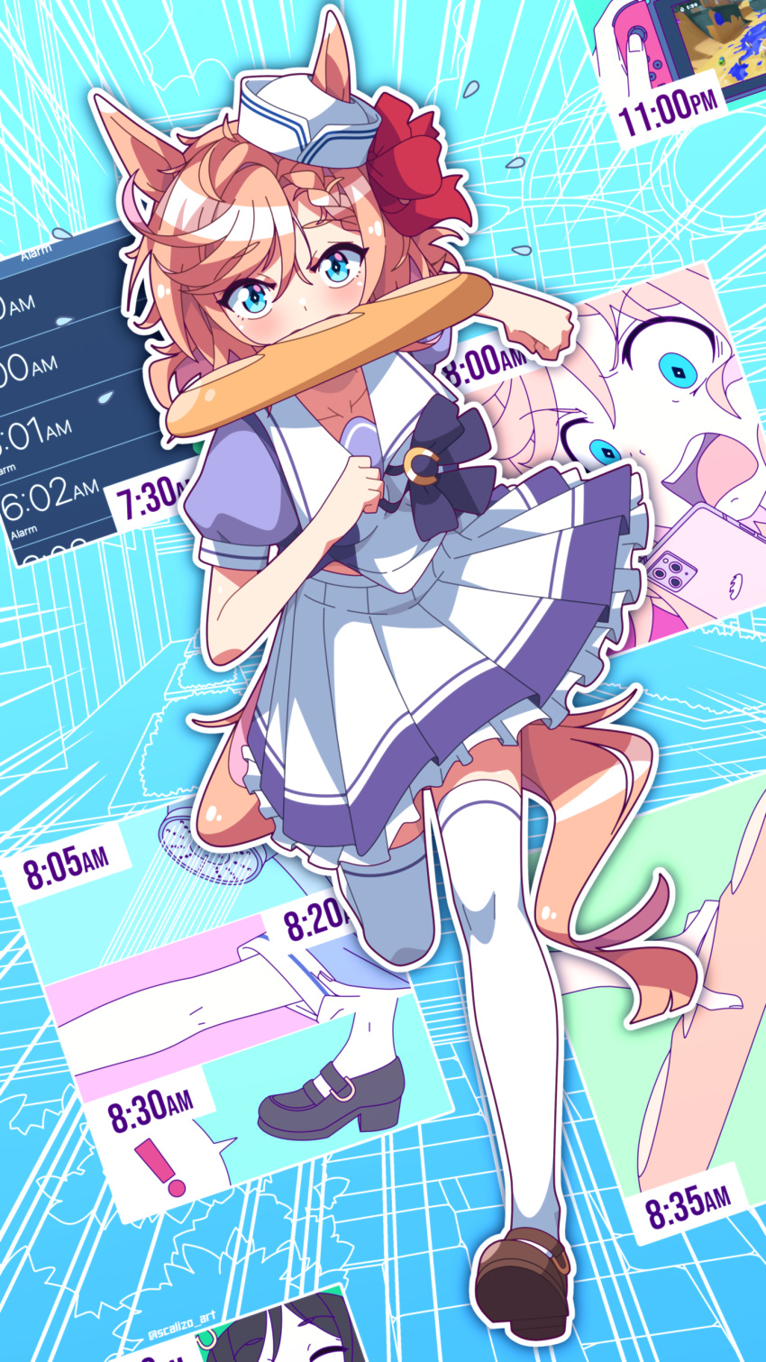 ! 1girl absurdres alternate_costume animal_ears baguette blue_eyes blush bread collarbone commentary_request food food_in_mouth full_body highres horse_ears horse_girl horse_tail light_brown_hair scalizo school_uniform shoes simple_background solo surprised tail thigh-highs timestamp tracen_school_uniform umamusume venus_park_(umamusume)