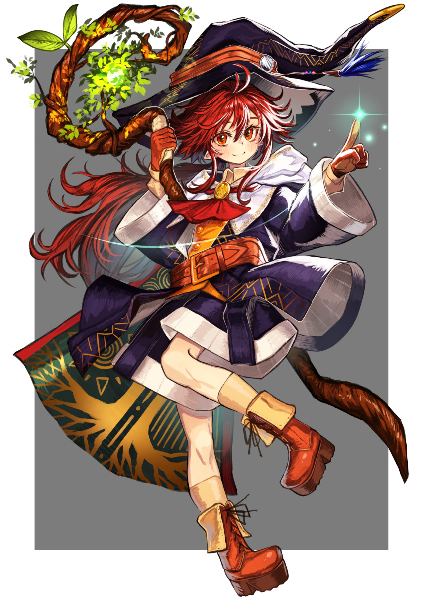 1girl antenna_hair ascot belt boots brooch cape coat fuji_tarawi full_body gloves hat highres holding holding_staff jewelry long_hair low_ponytail magic original platform_boots platform_footwear purple_coat red_eyes redhead sidelocks solo staff two-tone_background wide_sleeves witch witch_hat