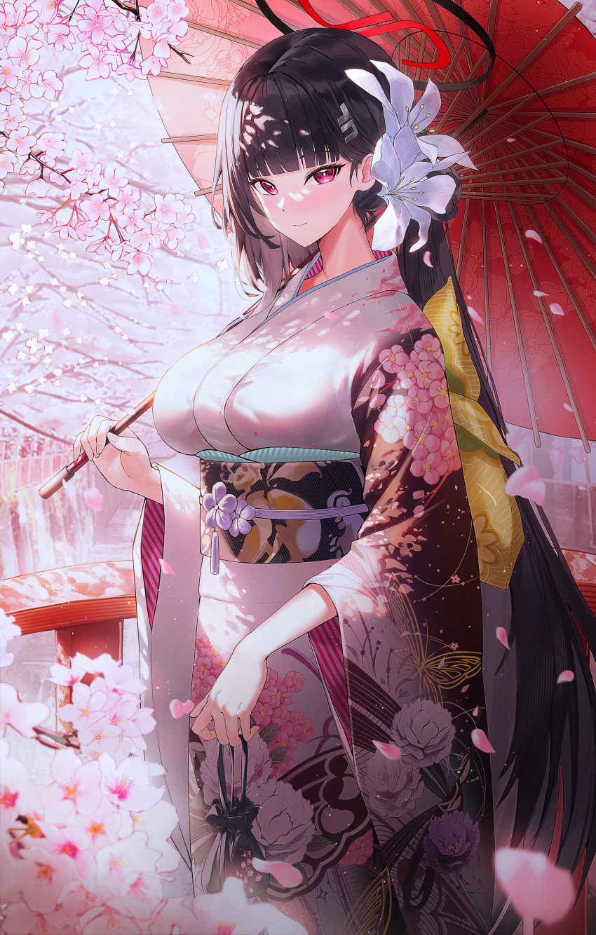 1girl absurdres alternate_costume black_hair blue_archive blunt_bangs breasts bright_pupils cherry_blossoms closed_mouth falling_petals floral_print flower hair_flower hair_ornament hairclip halo highres hime_cut holding holding_umbrella japanese_clothes kimono kinchaku large_breasts light_blush long_hair long_sleeves obi obiage obijime oil-paper_umbrella orchid outdoors petals pink_kimono pouch red_eyes rio_(blue_archive) sash smile solo straight_hair umbrella very_long_hair wakum white_pupils wide_sleeves