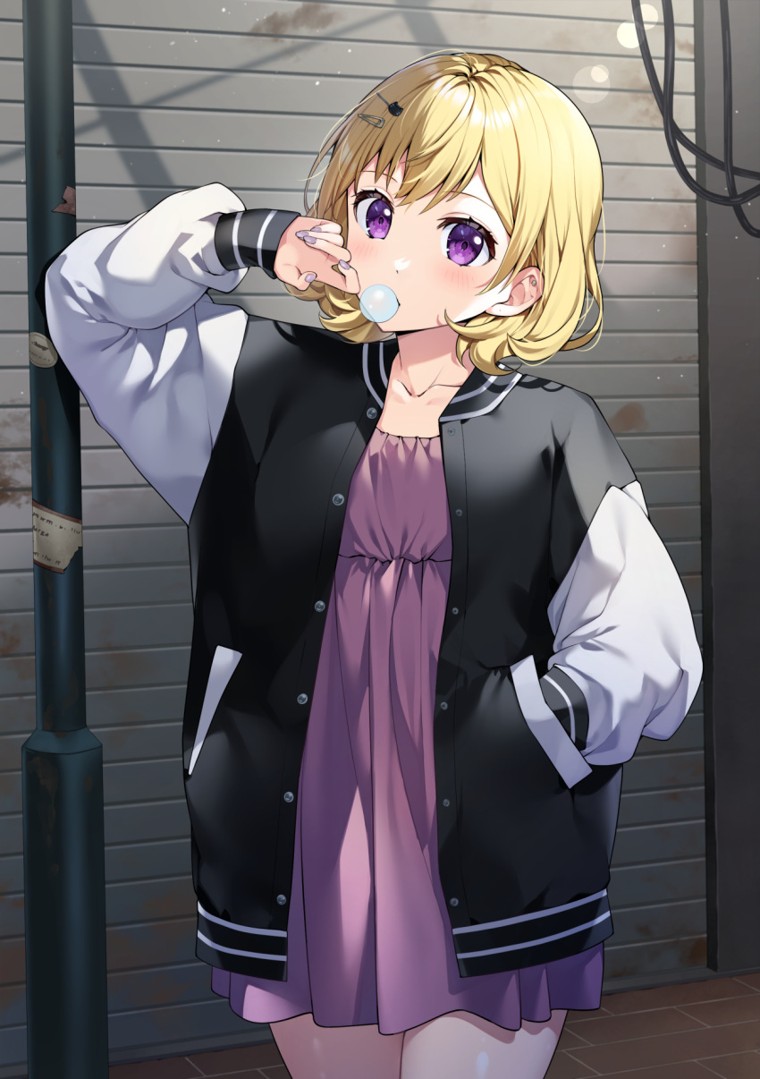 1girl blonde_hair blush bon_(bonbon315) buttons cat_hair_ornament chewing_gum dress hair_ornament hairclip hand_in_pocket hand_up highres jacket long_sleeves looking_at_viewer manicure nail_polish open_clothes open_jacket original purple_dress solo violet_eyes