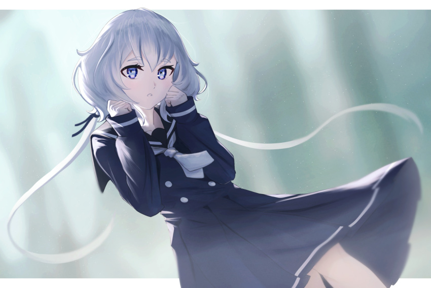 1girl black_sailor_collar black_skirt blue_eyes grey_hair hands_up haonfest konno_junko looking_at_viewer low_twintails neckerchief parted_lips sailor_collar skirt solo twintails white_neckerchief zombie_land_saga