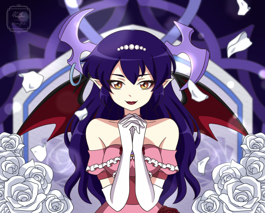 1girl artist_name bare_shoulders bat_wings bow breasts closed_mouth demon_girl demon_horns demon_wings dress earrings elbow_gloves eyeshadow falling_petals fantasy flower frills gem gloves highres horns interlocked_fingers jewelry lipstick long_hair looking_at_viewer makeup medium_breasts neck_ribbon off-shoulder_dress off_shoulder original pearl_hair_ornament petals pink_dress pointy_ears purple_background purple_gemstone purple_hair red_flower red_ribbon red_rose red_wings remyfive ribbon rose short_sleeves signature smile solo solo_focus thick_eyebrows watermark wavy_hair white_flower white_gloves white_headwear white_rose wings yellow_eyes