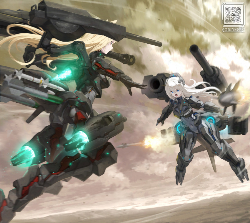 2girls animal_ears armor battle blonde_hair blue_eyes cannon clouds commentary_request flying headgear highres long_hair looking_at_another mecha_musume missile missile_pod motion_blur multiple_girls original qr_code thrusters tom-neko_(zamudo_akiyuki) white_hair