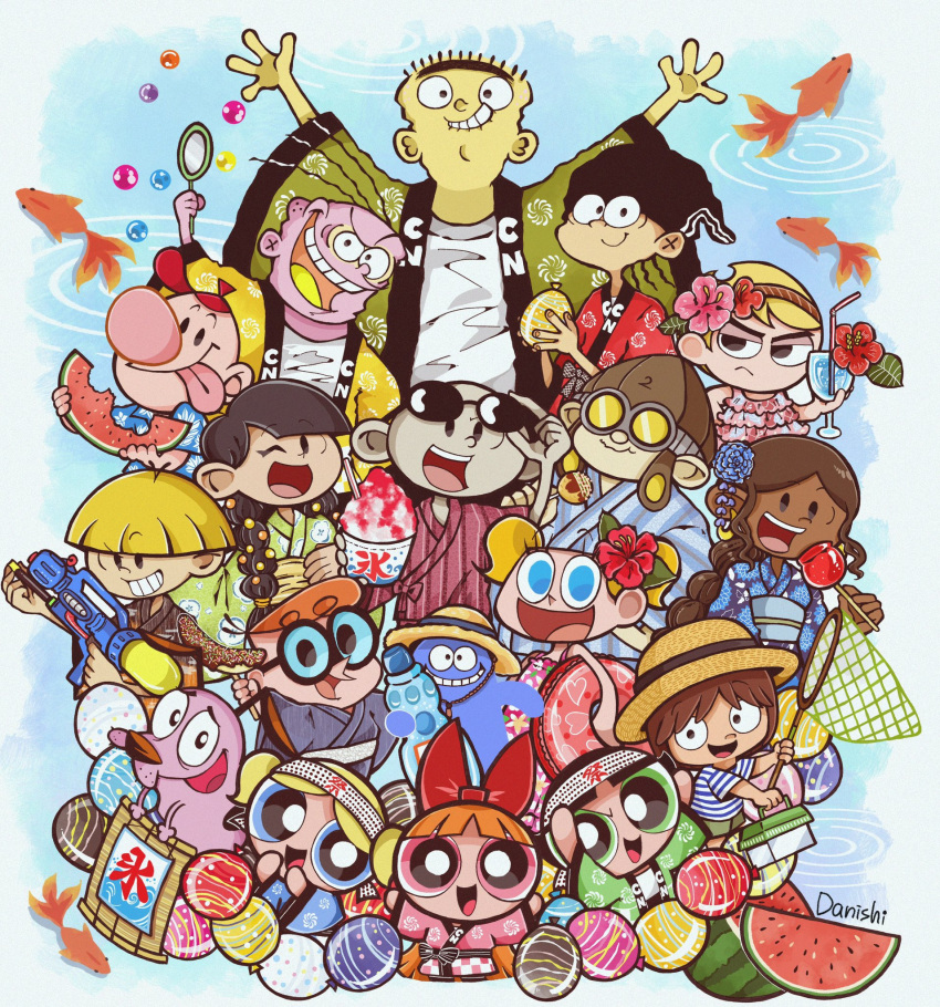 6+boys 6+girls abigail_lincoln acronym adjusting_eyewear alternate_costume alternate_hairstyle antenna_hair arm_up artist_name bald beanie big_nose billy_(grim_adventures) black_eyes black_hair blonde_hair blooregard_q_kazoo blossom_(ppg) blue_background blue_eyes blunt_bangs blunt_ends border bow bowl_cut braid braided_ponytail brown_hair bubbles_(ppg) buttercup_(ppg) butterfly_net candy candy_apple carrying carrying_under_arm cartoon_network chibi chocolate_banana codename:_kids_next_door commentary company_connection copyright_name courage_(character) courage_the_cowardly_dog creature crossover cup danishi dark-skinned_female dark_skin dee_dee dexter's_laboratory dexter_(dexter's_laboratory) dog drinking_glass eating ed_(ed_edd_n_eddy) ed_edd_n_eddy edd_(ed_edd_n_eddy) eddy_(ed_edd_n_eddy) english_commentary fish flower food food_bite foster's_home_for_imaginary_friends frown fruit glasses goggles goldfish green_eyes grin hachimaki hair_bow hair_flower hair_ornament hand_net happi hat headband helmet highres hogarth_pennywhistle_gilligan_jr. holding holding_butterfly_net holding_candy holding_cup holding_food holding_innertube holding_water_gun innertube japanese_clothes kimono kuki_sanban long_hair mac_(foster's) mandy_(grim_adventures) marble_(toy) multiple_boys multiple_girls nigel_uno one_eye_closed opaque_glasses open_mouth orange_hair outstretched_arms pale_skin parted_bangs pink_eyes poi_(goldfish_scoop) powerpuff_girls raised_eyebrow red_bow shaved_ice shirt short_hair short_sleeves short_twintails shorts smile solid_oval_eyes spread_arms straw_hat striped striped_kimono striped_shirt summer summer_festival sunglasses t-shirt takoyaki the_grim_adventures_of_billy_&amp;_mandy tinted_eyewear tongue tongue_out toon_(style) twin_braids twintails wallabee_beetles water_gun water_yoyo watermelon watermelon_slice white_border white_shirt yellow-tinted_eyewear yukata