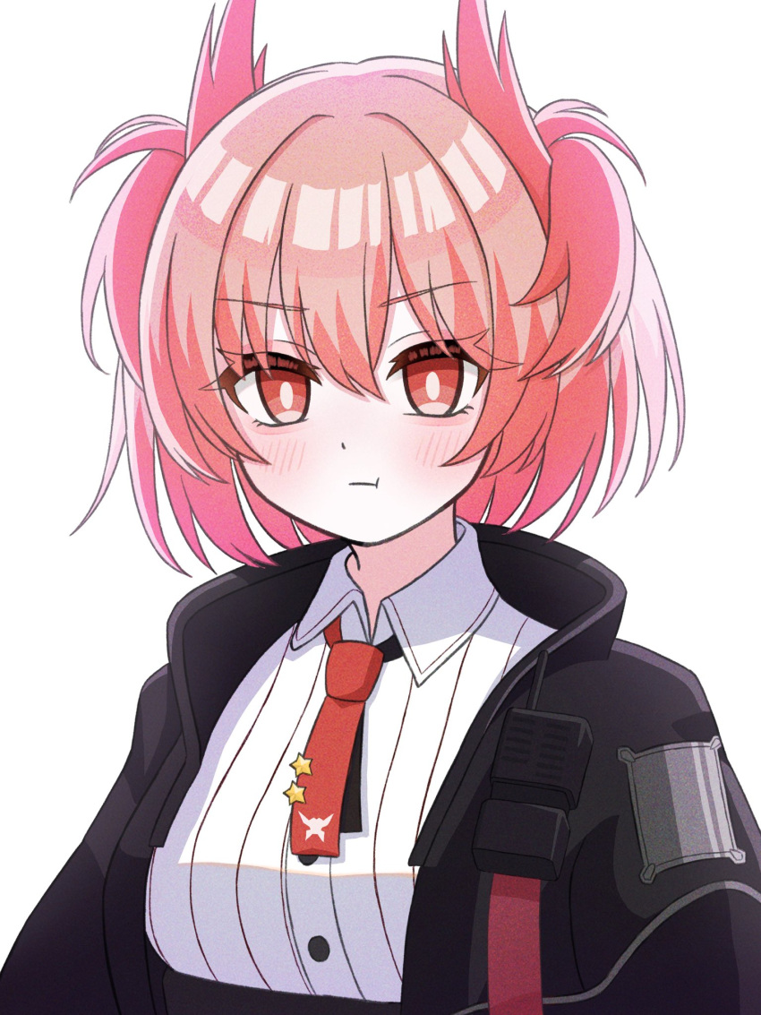 1girl :t arknights black_jacket blush breasts brooch buttons collared_shirt commentary feather_hair_ornament feathers fiammetta_(arknights) hair_ornament highres jacket jewelry looking_at_viewer medium_breasts necktie open_clothes open_jacket pink_hair pout red_eyes red_necktie shirt short_hair simple_background solo star_(symbol) star_brooch two_side_up upper_body wayana white_background white_shirt