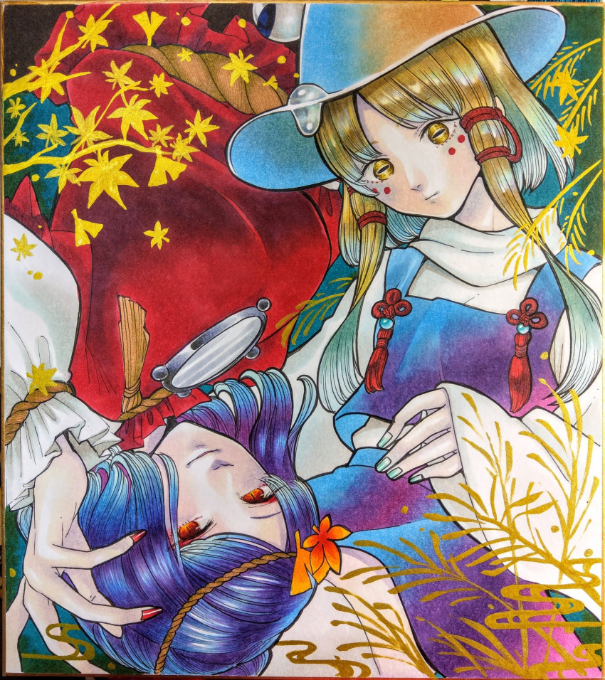 2girls blonde_hair blue_hair bow branch breasts brown_headwear drooling facial_tattoo fingernails frilled_shirt frilled_shirt_collar frilled_sleeves frills frog_girl green_background green_nails hair_bow hair_ornament hand_up hat highres horizontal_pupils large_breasts layered_sleeves leaf leaf_hair_ornament leaf_on_head leaf_print long_hair long_sleeves looking_at_viewer medium_hair mirror moriya_suwako multiple_girls nail_polish purple_skirt purple_vest red_bow red_eyes red_nails red_shirt rope rope_belt saliva sharp_fingernails shirt sidelocks simple_background skirt sleeves_past_wrists slit_pupils smile sweater tattoo thigh-highs touhou turtleneck turtleneck_sweater vest white_shirt white_sweater white_thighhighs whoru wide_sleeves wristband yasaka_kanako