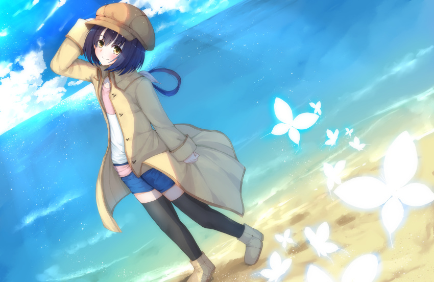 1girl absurdres arm_at_side arm_up beach black_thighhighs blue_butterfly blue_shorts blue_sky blush boots brown_coat brown_footwear brown_headwear bug butterfly closed_mouth clouds coat commentary_request dutch_angle feet_out_of_frame flat_chest folded_ponytail glowing_butterfly hair_between_eyes head_tilt highres light_particles long_sleeves looking_at_viewer medium_hair nanami_(summer_pockets) nodoameyatou ocean open_clothes open_coat shorts sky smile solo standing summer_pockets thigh-highs yellow_eyes zettai_ryouiki