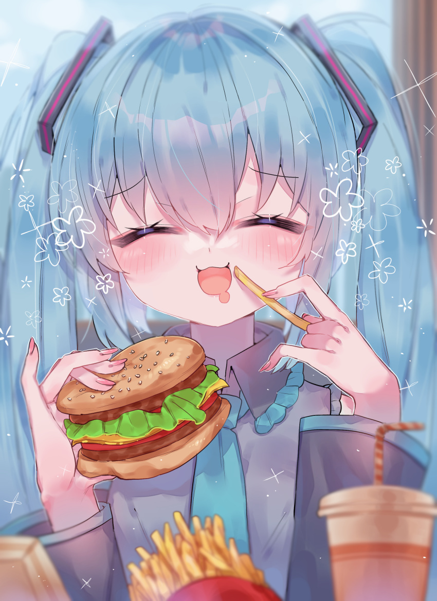 1girl absurdres blue_hair blue_necktie burger closed_eyes cup disposable_cup eating food french_fries hatsune_miku highres holding holding_food keika_aki necktie open_mouth soda vocaloid
