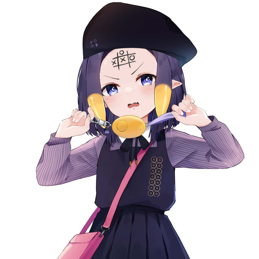 1girl absurdres bag beret blue_eyes blush crime_prevention_buzzer forehead_writing handbag hat highres hololive hololive_english looking_at_viewer lucferz mole mole_under_eye ninomae_ina'nis open_mouth pleated_skirt pointy_ears purple_hair short_hair simple_background skirt solo tentacle_hair virtual_youtuber white_background