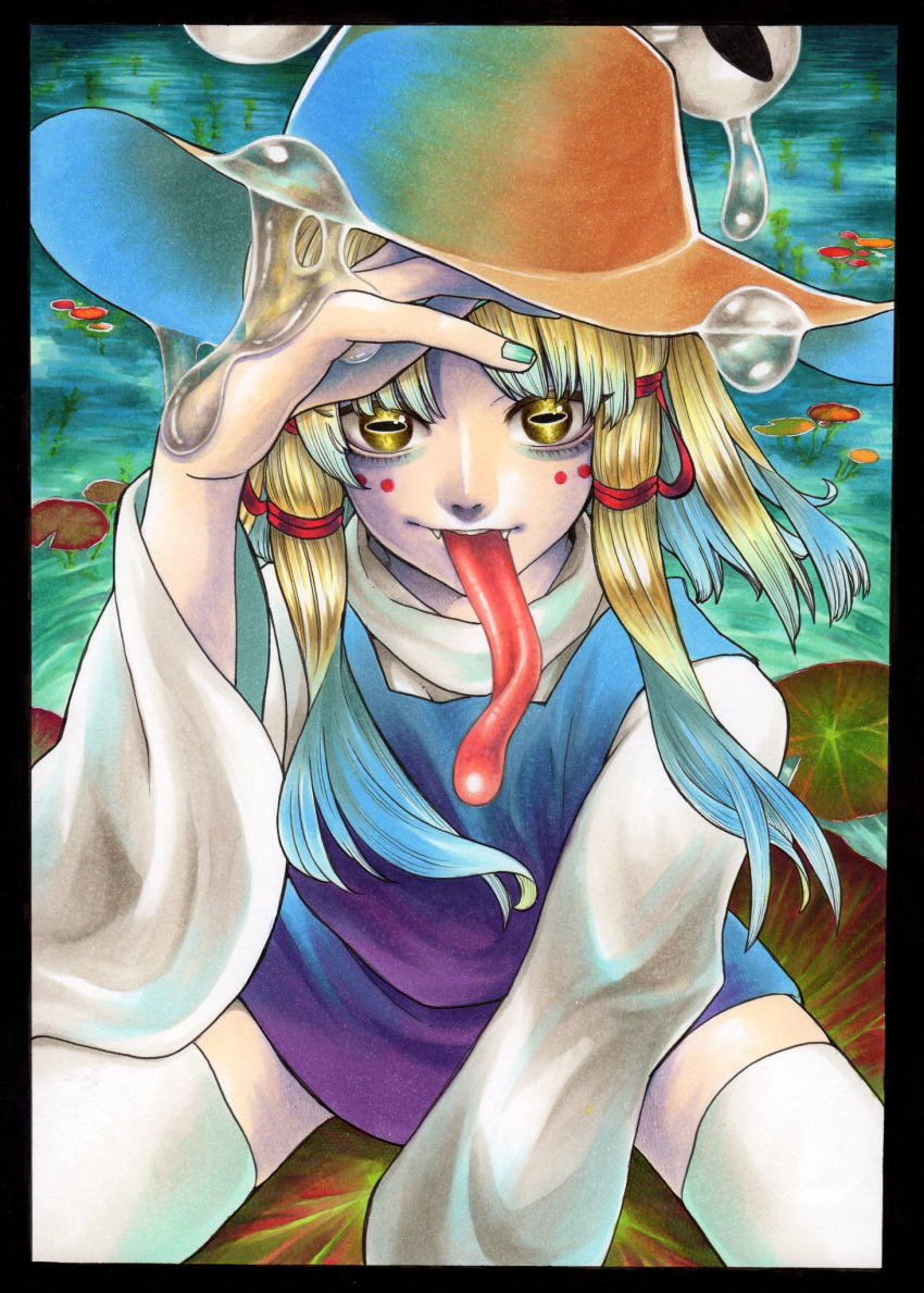 1girl blonde_hair brown_headwear drooling facial_tattoo fang fang_out fangs fangs_out frog_girl green_nails hand_on_headwear hat highres horizontal_pupils leaf long_sleeves long_tongue looking_at_viewer moriya_suwako nail_polish pond purple_skirt purple_vest saliva sitting skirt sweater tattoo teeth thigh-highs tongue tongue_out touhou traditional_media turtleneck turtleneck_sweater upper_teeth_only vest water white_sweater white_thighhighs whoru wide_sleeves yellow_eyes