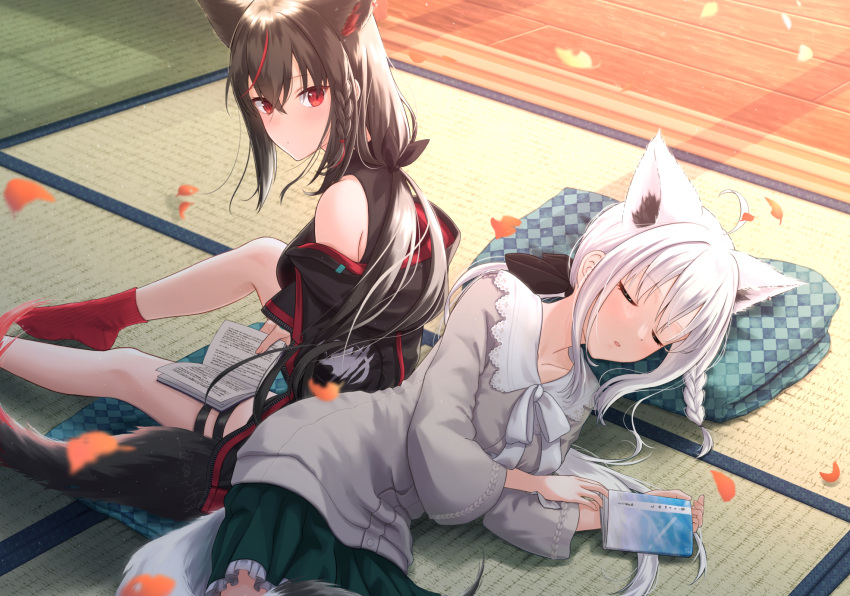 2girls ahoge animal_ear_fluff animal_ears black_bow black_hair black_jacket black_shirt blush book bow braid closed_eyes commentary_request dark_persona dual_persona earrings extra_ears fox_ears fox_girl fox_tail green_skirt grey_shirt hair_between_eyes hair_bow highres hololive jacket jewelry kurokami_fubuki long_hair looking_at_viewer looking_back lying multiple_girls on_side open_clothes open_jacket petals pillow red_eyes redhead shirakami_fubuki shirakami_fubuki_(3rd_costume) shirt sidelocks single_braid skirt sleeping sunset_kanpai tail thigh_strap virtual_youtuber white_hair