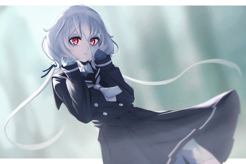 1girl black_sailor_collar black_skirt colored_skin grey_hair hands_up haonfest konno_junko looking_at_viewer low_twintails neckerchief parted_lips patchwork_skin red_eyes sailor_collar skirt solo twintails white_neckerchief zombie zombie_land_saga