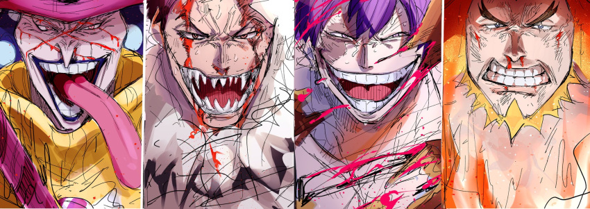 4boys beard blood blood_on_face brothers candy charlotte_cracker charlotte_katakuri charlotte_oven charlotte_perospero facial_hair food forked_eyebrows frown grin hat highres lipstick long_tongue looking_at_viewer makeup male_focus multiple_boys nosebleed one_piece open_mouth portrait serious sharp_teeth short_hair siblings sketch smile sweat teeth tongue tongue_out top_hat uk_(yra4bip9qvmuz44)