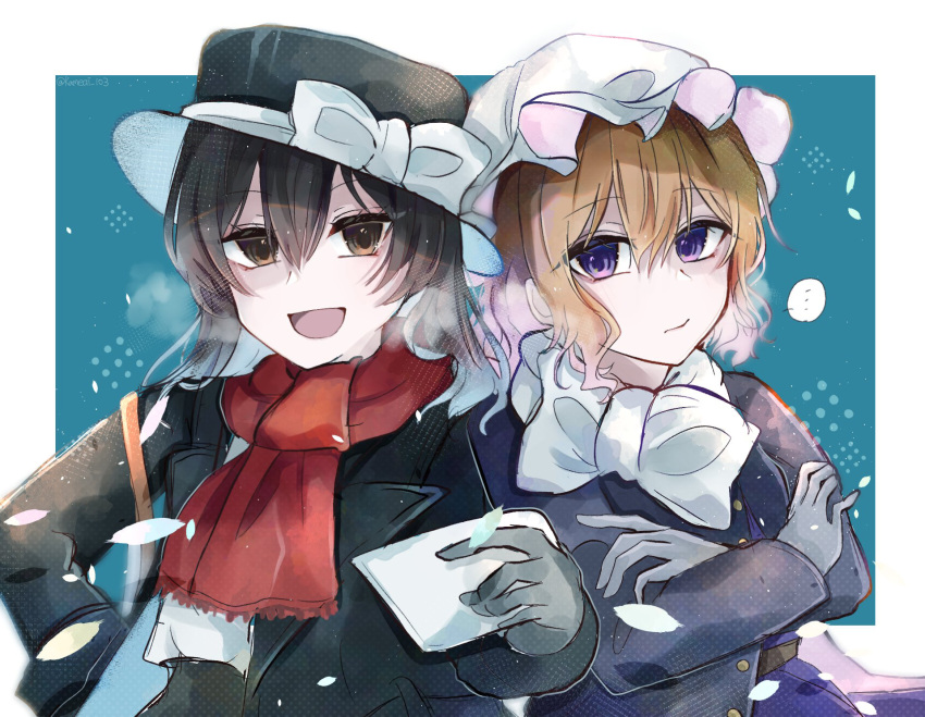 ... 2girls :d black_hair black_headwear black_jacket blonde_hair blue_background border bow breath buttons closed_mouth crossed_arms expressionless gloves grey_gloves hair_between_eyes hat hat_bow highres jacket kamenozoki_ai long_hair long_sleeves looking_at_viewer maribel_hearn mob_cap multiple_girls open_mouth outside_border purple_jacket red_scarf scarf scarf_bow short_hair smile spoken_ellipsis touhou twitter_username upper_body usami_renko violet_eyes white_border white_bow white_headwear white_scarf yellow_eyes