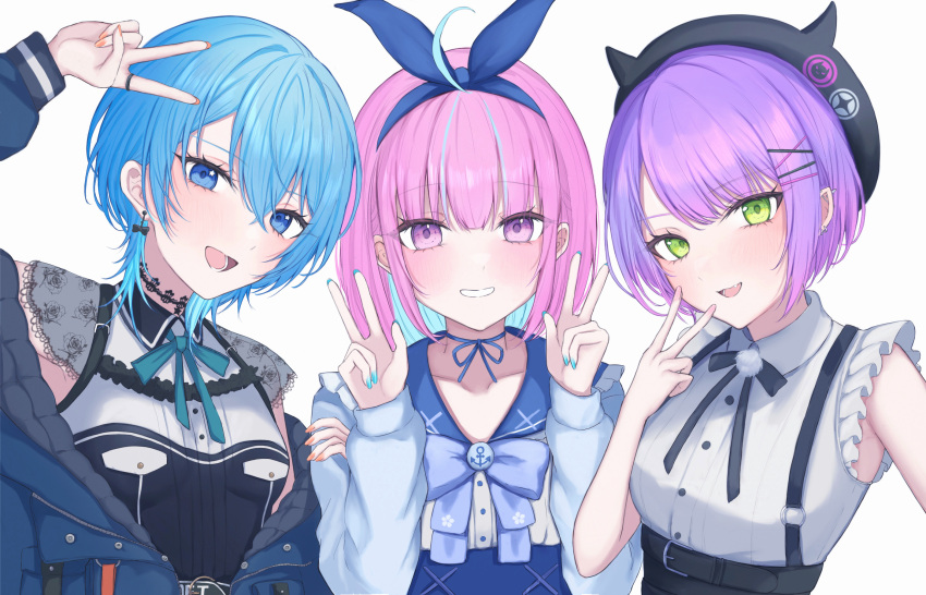 3girls blue_eyes blue_hair blunt_bangs colored_inner_hair demon_girl ear_piercing gradient_hair green_eyes hair_between_eyes hair_ornament highres hololive hoshimachi_suisei hoshimachi_suisei_(3rd_costume) minato_aqua minato_aqua_(5th_costume) multicolored_hair multiple_girls nolc open_mouth piercing pink_hair purple_hair short_hair smile star_(symbol) star_in_eye startend_(hololive) streaked_hair swept_bangs symbol_in_eye teeth tokoyami_towa tokoyami_towa_(3rd_costume) violet_eyes virtual_youtuber white_background x_hair_ornament