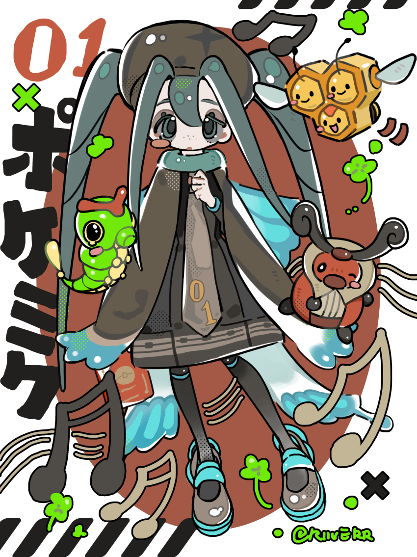 1girl :o absurdres beret black_dress black_pantyhose blue_cape blue_footwear border brown_cape brown_footwear brown_headwear brown_necktie bug_miku_(project_voltage) butterfly_wings cape caterpie clover combee commentary copyright_name dress fake_wings four-leaf_clover freckles full_body grey_eyes grey_hair hair_through_headwear half-closed_eye halftone hand_up hat hatsune_miku highres kricketot long_necktie long_sleeves looking_at_viewer musical_note necktie number_print open_mouth outside_border oval_background pantyhose print_necktie project_voltage red_background riiverr shoes sidelocks single_blush_sticker solo symbol-only_commentary tareme twitter_username two-tone_cape two-tone_footwear white_border wings