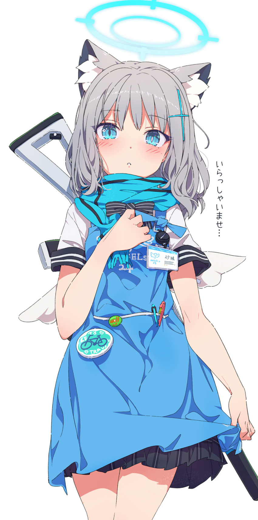 1girl alternate_costume angel's_24_uniform_(blue_archive) animal_ear_fluff animal_ears apron aqua_scarf badge black_skirt blue_apron blue_archive blush grey_hair gun gun_on_back halo highres looking_at_viewer name_tag ogipote plaid plaid_skirt pleated_skirt scarf shiroko_(blue_archive) shirt short_sleeves simple_background skirt solo weapon weapon_on_back white_background white_shirt wolf_ears