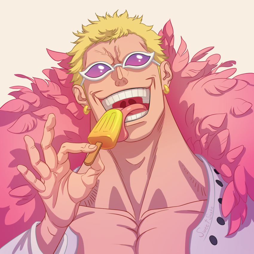 blonde_hair coat donquixote_doflamingo earrings eating feather_coat food holding holding_food holding_ice_cream ice_cream jewelry licking male_focus msvekla muscular muscular_male one_piece open_clothes open_mouth pink_coat portrait purple-tinted_eyewear shirt short_hair smile teeth tinted_eyewear tongue tongue_out white-framed_eyewear white_shirt