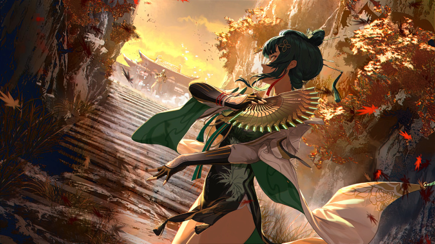 1girl 1other absurdres architecture autumn_leaves blunt_bangs breasts china_dress chinese_clothes commentary dark_green_hair dress earrings east_asian_architecture faceoff folding_fan from_side gloves grass green_dress green_hair hair_ornament hair_stick hairpin hand_fan hanying_(punishing:_gray_raven) highres holding holding_weapon jewelry leaf maple_leaf medium_breasts partially_fingerless_gloves punishing:_gray_raven stairs tassel tessen thighs updo war_fan weapon wuxia yanderenasa yellow_eyes