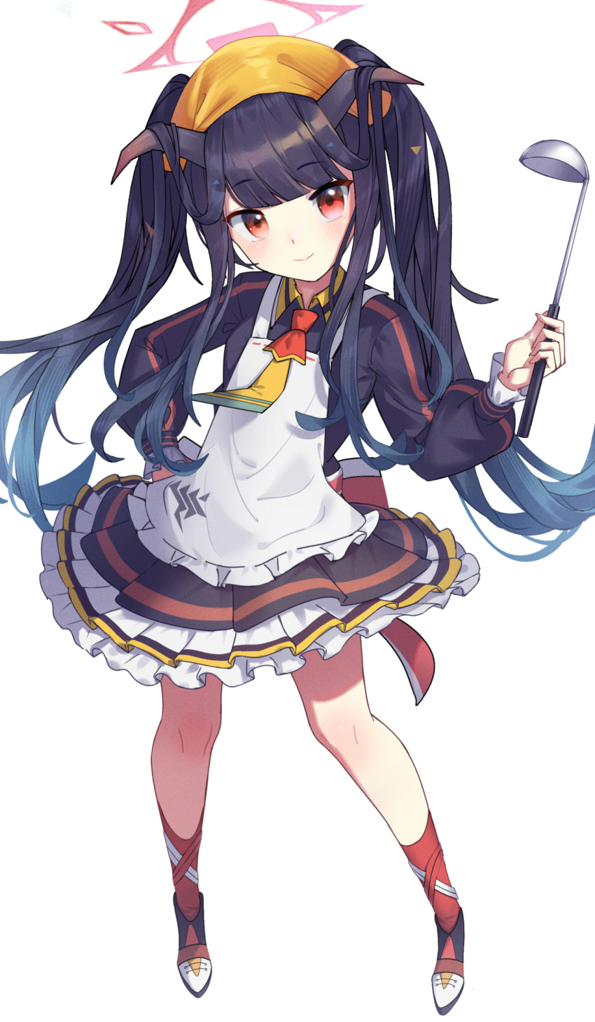 1girl apron black_hair blue_archive blush closed_mouth full_body fuuka_(blue_archive) halo highres holding holding_ladle ladle long_hair looking_at_viewer red_eyes red_halo simple_background smile solo teallysky twintails white_apron white_background