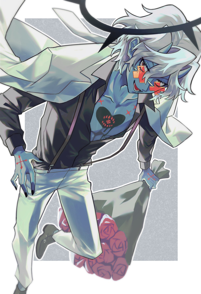 1boy alternate_costume black_halo blue_horns blue_skin bouquet chest_tattoo colored_skin compass_rose_halo dark_halo flower grey_hair guilty_gear guilty_gear_strive halo happy_chaos heart heart_tattoo highres holding holding_bouquet horns jacket jacket_on_shoulders looking_at_viewer male_focus orange-tinted_eyewear pants red_flower red_rose rose smile snd_nanka tattoo tinted_eyewear white_jacket white_pants x-shaped_eyewear
