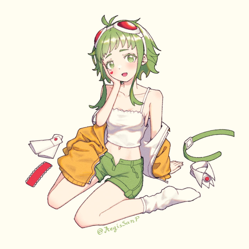 1girl :d aegissanp blush clothing_aside facial_mark goggles goggles_on_head green_eyes green_hair green_shorts gumi hand_on_own_face heart heart_facial_mark highres jacket looking_at_viewer off-shoulder_jacket off_shoulder open_mouth orange_jacket red-tinted_eyewear red_goggles shirt short_hair short_hair_with_long_locks shorts sitting sleeveless sleeveless_shirt smile socks solo tinted_eyewear twitter_username vocaloid white_background white_shirt white_socks