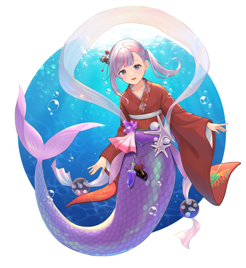 1girl :d absurdres air_bubble blue_eyes blush bubble collarbone commission full_body gem highres japanese_clothes kimono light_purple_hair long_sleeves mermaid monster_girl multicolored_hair nzmtarou one_side_up open_mouth original pearl_(gemstone) pink_hair red_kimono scales second-party_source skeb_commission smile solo starfish streaked_hair underwater wide_sleeves