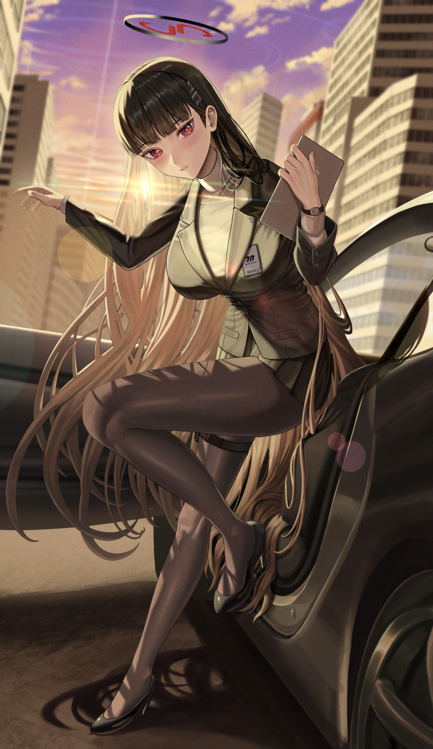 1girl black_footwear black_hair blazer blue_archive blunt_bangs breasts building car city clouds full_body halo high_heels highres holding holding_tablet_pc jacket large_breasts leaning_forward long_hair looking_at_viewer miniskirt motor_vehicle pantyhose parted_lips red_eyes rio_(blue_archive) silvertsuki skirt sky skyscraper solo sunset tablet_pc turtleneck very_long_hair