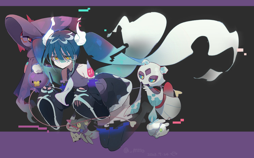 1girl arin_(fanfan013) black_background black_footwear black_skirt black_sleeves blue_hair boots choppy_bangs collarbone dated detached_arm detached_legs detached_sleeves dot_mouth drifloon expressionless floating floating_hair floating_neckwear froslass full_body ghost_miku_(project_voltage) ghost_pose glitch gradient_hair grey_shirt hair_ornament hair_over_eyes half-closed_eyes hatsune_miku highres hitodama letterboxed litwick looking_at_viewer mimikyu mismagius multicolored_hair necktie outside_border pokemon pokemon_(creature) shaded_face shirt simple_background skirt sleeveless sleeveless_shirt sleeves_past_fingers sleeves_past_wrists solo thigh_boots translucent twintails twitter_username white_hair white_necktie yellow_eyes