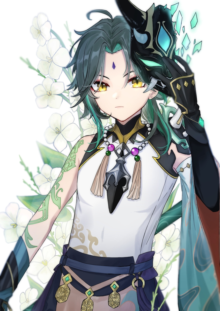 1boy ahoge aqua_gemstone aqua_hair arm_tattoo arm_up belt black_gloves black_mask blue_belt blue_gloves blue_pants closed_mouth cloud_print covered_collarbone detached_sleeves eyeshadow facial_mark floral_background flower forehead_mark gem genshin_impact gloves gold_trim gradient_hair grey_hair hair_between_eyes highres holding holding_mask jewelry leaf long_sleeves looking_at_viewer makeup male_focus mandarin_collar mask mask_on_head multicolored_hair necklace pants pearl_necklace plant polearm primordial_jade_winged-spear_(genshin_impact) red_eyeshadow run_(yukatokabe) shirt short_hair single_bare_shoulder single_detached_sleeve sleeveless sleeveless_shirt solo spear standing tassel tattoo two-tone_gloves two-tone_hair vision_(genshin_impact) weapon white_background white_flower white_shirt wide_sleeves xiao_(genshin_impact) yellow_eyes