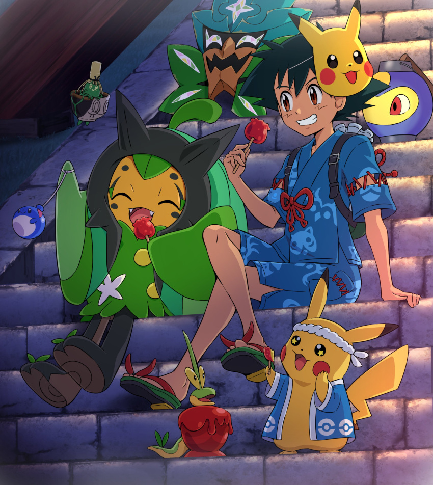 1boy absurdres arm_support ash_ketchum backpack bag black_hair blue_shirt blue_shorts brown_eyes candy_apple character_mask commentary_request crossed_legs dipplin food green_bag grin happy highres holding knees lantern male_focus mask mask_on_head night ogerpon outdoors pikachu pokemoa pokemon pokemon_(anime) pokemon_(creature) pokemon_(game) pokemon_sv sandals shirt short_hair short_sleeves shorts sinistcha sitting sitting_on_stairs smile stairs teeth toes