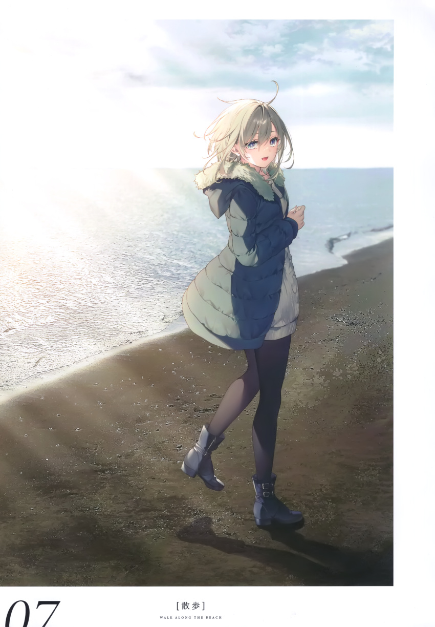 1girl absurdres ahoge ankle_boots beach black_footwear black_pantyhose blue_sky boots bright_pupils clouds cloudy_sky day floating_hair fur_coat highres hooded_coat long_sleeves looking_at_viewer looking_back open_mouth original pantyhose sand scan shadow short_hair sky smile solo standing sweater toosaka_asagi water white_pupils white_sweater