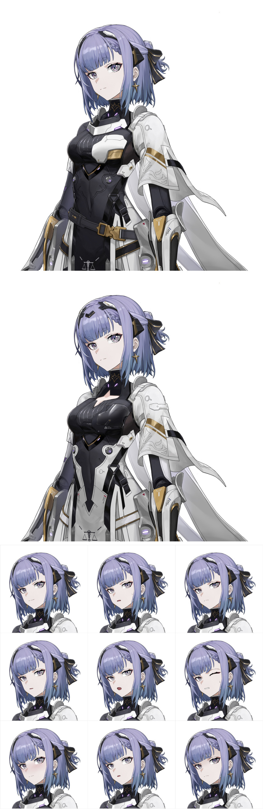 1girl :o absurdres alisa:_echo_(punishing:_gray_raven) alisa_(punishing:_gray_raven) black_bow black_leotard blunt_bangs blush bob_cut bow braid braided_bangs breasts cleavage_cutout clenched_teeth closed_mouth clothing_cutout earrings expressions frown furrowed_brow grey_eyes hair_bow headgear high_collar highres jewelry leotard looking_at_viewer mechanical_arms official_art one_eye_closed parted_lips portrait punishing:_gray_raven purple_hair short_eyebrows short_hair skirt sparkle_earrings sweatdrop teeth upper_body v-shaped_eyebrows variations white_background white_skirt wu_lun_wujin