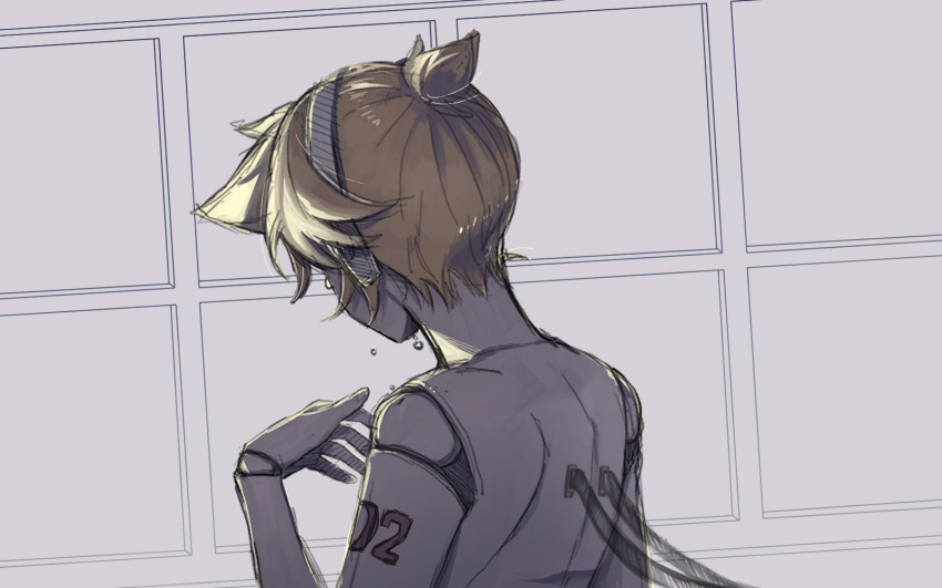 1boy ahoge android blonde_hair cable crying crying_with_eyes_open headphones headset highres joints kagamine_len muted_color number_tattoo robot_joints short_ponytail shoulder_tattoo solo spiky_hair streaming_tears tattoo tears thoma_werner topless_male vocaloid