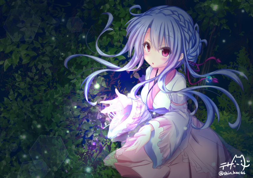 1girl :o blue_butterfly blue_hair blush braid braided_bun bug butterfly commentary_request cowboy_shot crown_braid floating_hair forest frilled_sleeves frills glowing_butterfly hair_bun hair_ornament hands_up highres japanese_clothes kimono light_particles long_hair long_sleeves looking_at_viewer miko nature night official_alternate_costume open_hands open_mouth outdoors pink_skirt red_eyes red_tassel sidelocks signature single_hair_bun skirt solo sorakado_ao standing summer_pockets tassel tassel_hair_ornament tezaringu twitter_username white_kimono wide_sleeves