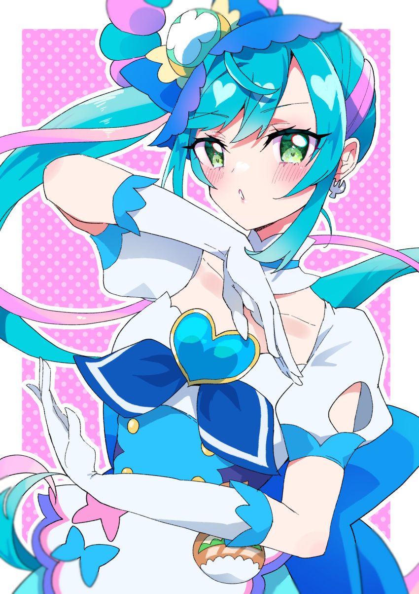 1girl absurdres back_bow blue_bow blue_hair bow brooch cure_spicy delicious_party_precure dress earrings fuwa_kokone gloves green_eyes hair_bow hair_ornament heart heart_brooch highres huge_bow jewelry long_hair looking_at_viewer magical_girl medium_dress mikorin pam-pam_(precure) pink_background precure side_ponytail smile very_long_hair white_background white_gloves wide_ponytail