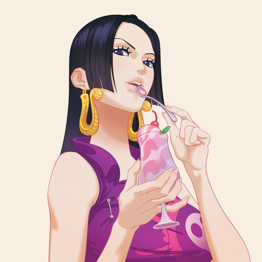 1girl bare_shoulders black_eyes black_hair boa_hancock cherry cocktail_glass cup dress drinking_glass earrings eating eyelashes food fruit holding holding_food holding_ice_cream holding_spoon ice_cream ice_cream_spoon jewelry light_smile long_hair looking_at_viewer msvekla naughty_face one_piece parted_lips patterned_clothing portrait purple_dress sidelocks snake spoon teeth