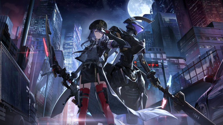 1girl absurdres adjusting_clothes adjusting_headwear alisa:_echo_(punishing:_gray_raven) alisa_(punishing:_gray_raven) armor black_headwear black_jacket black_necktie black_skirt bow_(weapon) building car city cityscape collared_shirt cuffs dress_shirt feet_out_of_frame full_moon garter_straps hand_on_headwear handcuffs hat highres holding holding_bow_(weapon) holding_weapon jacket looking_at_viewer mechanical_parts military_hat miniskirt moon motor_vehicle necktie night night_sky official_art peaked_cap pelvic_curtain pencil_skirt police police_uniform policewoman punishing:_gray_raven purple_hair red_thighhighs semi_truck shirt skirt sky standing star_(sky) starry_sky thigh-highs thigh_sheath thigh_strap trailer truck uniform violet_eyes weapon white_shirt wu_lun_wujin