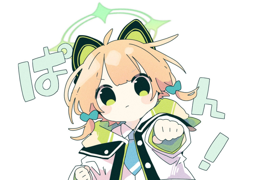 1girl ahoge animal_ear_headphones animal_ears blonde_hair blue_archive blue_necktie bow closed_mouth collared_shirt fake_animal_ears green_bow green_eyes green_halo hair_bow halo headphones jacket long_sleeves midori_(blue_archive) naguru_(cyoroama) necktie shirt short_hair simple_background solo two-sided_fabric two-sided_jacket upper_body white_background white_shirt