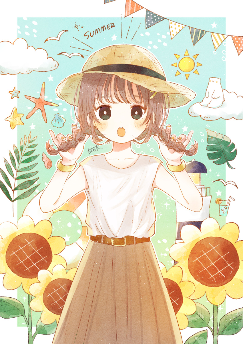 1girl absurdres aqua_sky bad_id bad_pixiv_id bear belt bird border bracelet braid bright_pupils brown_hair bunting clouds collarbone commentary day diagonal_stripes earrings feet_out_of_frame fingernails flower gold_bracelet gradient_sky hair_ribbon hat highres jewelry leaf lifebuoy long_hair looking_at_viewer mokunoki on_cloud open_mouth orange_nails original outdoors outside_border plant playing_with_own_hair polar_bear polka_dot ribbon seashell shell shirt sitting sitting_on_cloud sky sleeveless sleeveless_shirt solo star_(symbol) starfish straight-on striped stud_earrings summer sun_hat sun_symbol sunflower twin_braids v-neck vertical_stripes white_border white_pupils white_shirt yellow_flower yellow_ribbon