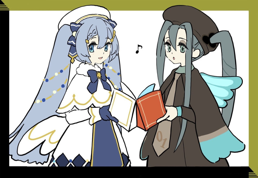 2girls :o beret black_border blue_bow blue_bowtie blue_eyes blue_gloves book border bow bowtie braid braided_bangs brown_cape brown_dress brown_headwear brown_necktie bug_miku_(project_voltage) cape capelet commentary_request dress dual_persona fake_wings fur_collar gloves green_border grey_hair hair_ornament hair_through_headwear half-closed_eyes hamako_(gsc_hama) hat hatsune_miku holding holding_book long_dress looking_at_viewer low_wings multicolored_border multiple_girls music musical_note musical_note_hair_ornament necktie open_mouth pokemon project_voltage sidelocks singing smile trait_connection twintails vocaloid white_capelet white_dress white_headwear wings yuki_miku yuki_miku_(2021)