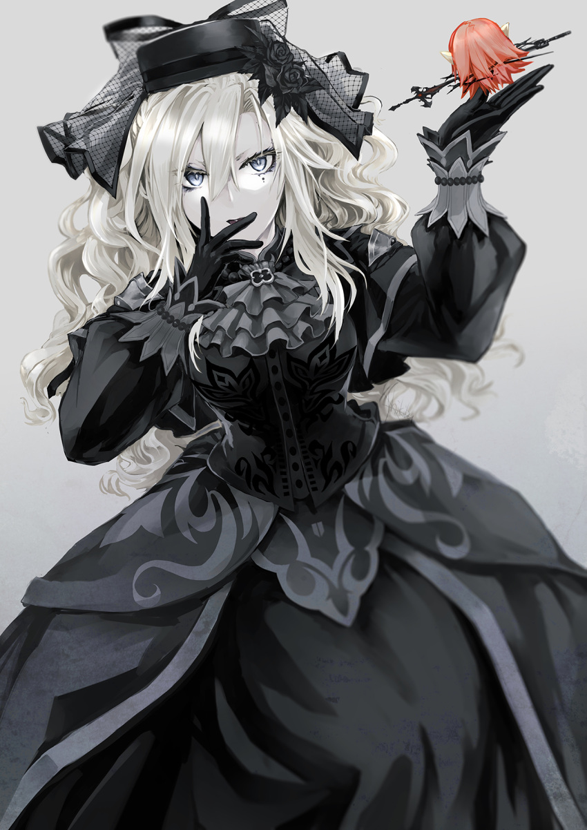 1girl ascot black_dress black_flower black_gloves black_headwear black_rose breasts capelet dress fate/grand_order fate_(series) feet_out_of_frame floating floating_object flower gloves grey_eyes hand_up highres ito_(pixiv) kriemhild_(fate) large_breasts long_hair long_sleeves looking_at_viewer mole mole_under_eye rose solo white_hair