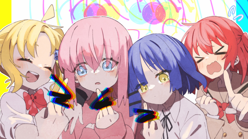 4girls ahoge black_ribbon blonde_hair blue_background blue_eyes blue_hair blunt_bangs blush bocchi_the_rock! bow bowtie brown_sailor_collar brown_serafuku censored chibi chromatic_aberration clenched_hand closed_eyes closed_mouth commentary_request expressionless floating_hair flying_sweatdrops gotoh_hitori hair_bobbles hair_ornament hairclip hand_on_own_chest hand_up highres ijichi_nijika index_finger_raised jacket kita_ikuyo leaning_on_person long_hair long_sleeves looking_at_another looking_at_viewer looking_to_the_side medium_hair middle_finger multicolored_background multiple_girls nani_ga_warui neck_ribbon one_side_up open_mouth outstretched_arm pink_jacket pointless_censoring polka_dot_bowtie projected_inset red_bow red_bowtie redhead ribbon sailor_collar school_uniform serafuku shirt side-by-side sidelocks smile umi_painter wavy_eyes wavy_mouth white_shirt yamada_ryo yellow_background