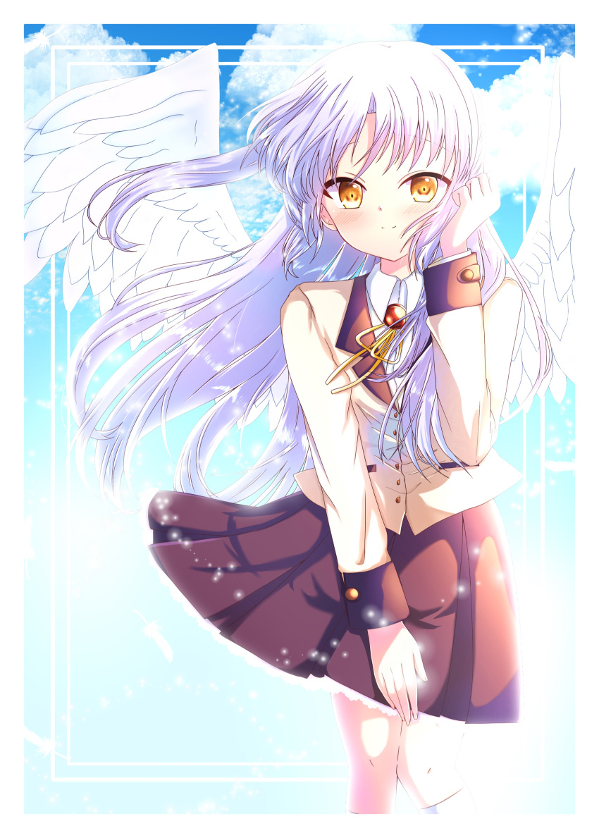 1girl absurdres angel angel_beats! angel_wings artist_name blue_background blush border brown_skirt closed_mouth commentary_request cowboy_shot eyelashes feathered_wings floating_clothes floating_hair frilled_skirt frills hair_between_eyes hair_ribbon hand_up happy highres jacket light_particles long_hair long_sleeves looking_at_viewer miniskirt neck_ribbon pleated_skirt ribbon school_uniform shirt short_ponytail simple_background skirt smile solo standing tachibana_kanade very_long_hair white_border white_hair white_shirt white_wings wind wind_lift wings yaki-ayato yellow_eyes yellow_jacket
