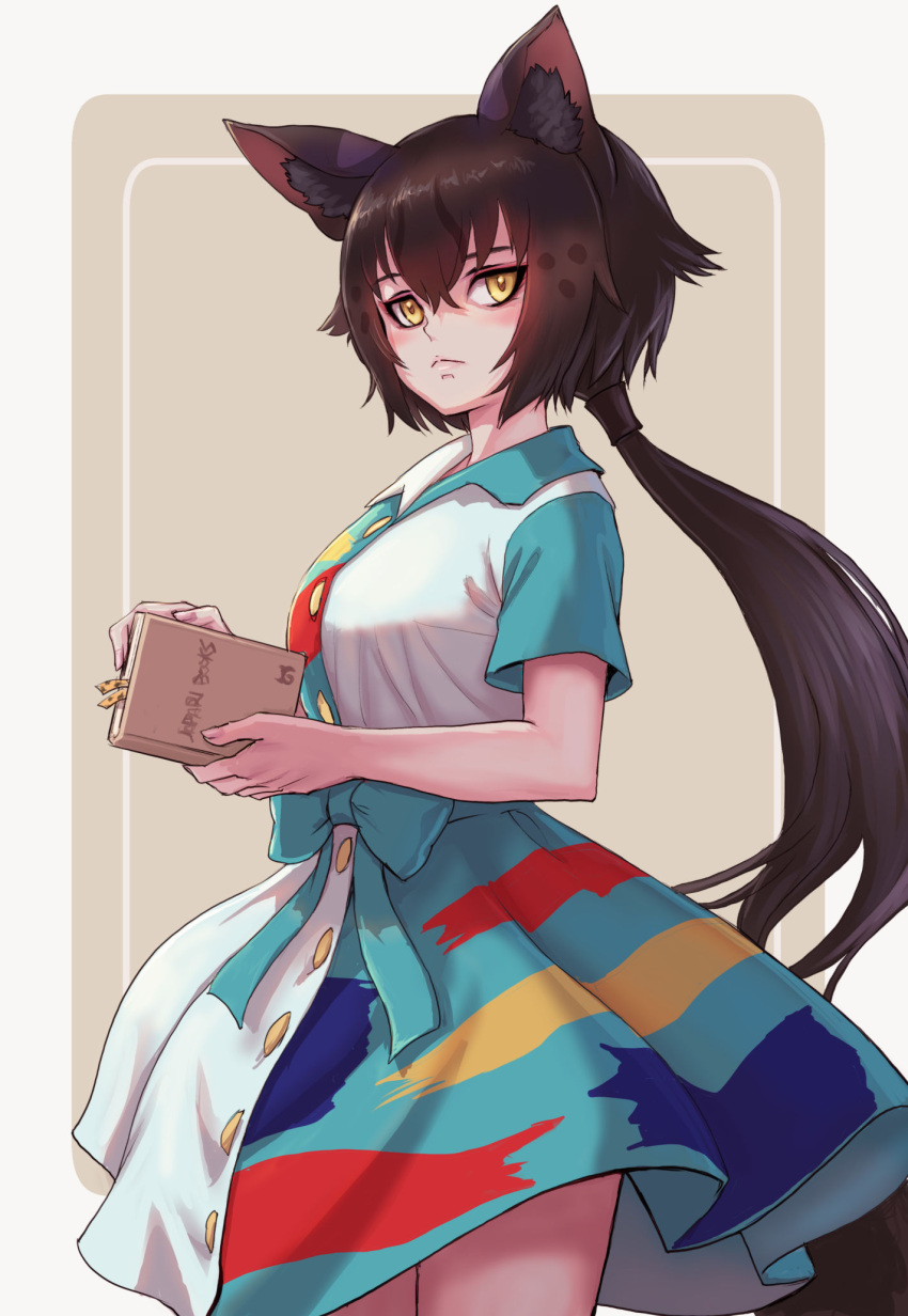 :&lt; animal_ears black_hair black_serval_(kemono_friends) blue_bow blue_dress blush book bookmark bow casual cat_ears cat_girl cat_tail collared_dress cowboy_shot dress hair_between_eyes highres japari_symbol kemono_friends kemono_friends_3 kosai_takayuki long_hair looking_at_viewer multicolored_clothes multicolored_dress official_alternate_costume ponytail red_dress sidelocks tail white_dress yellow_dress yellow_eyes