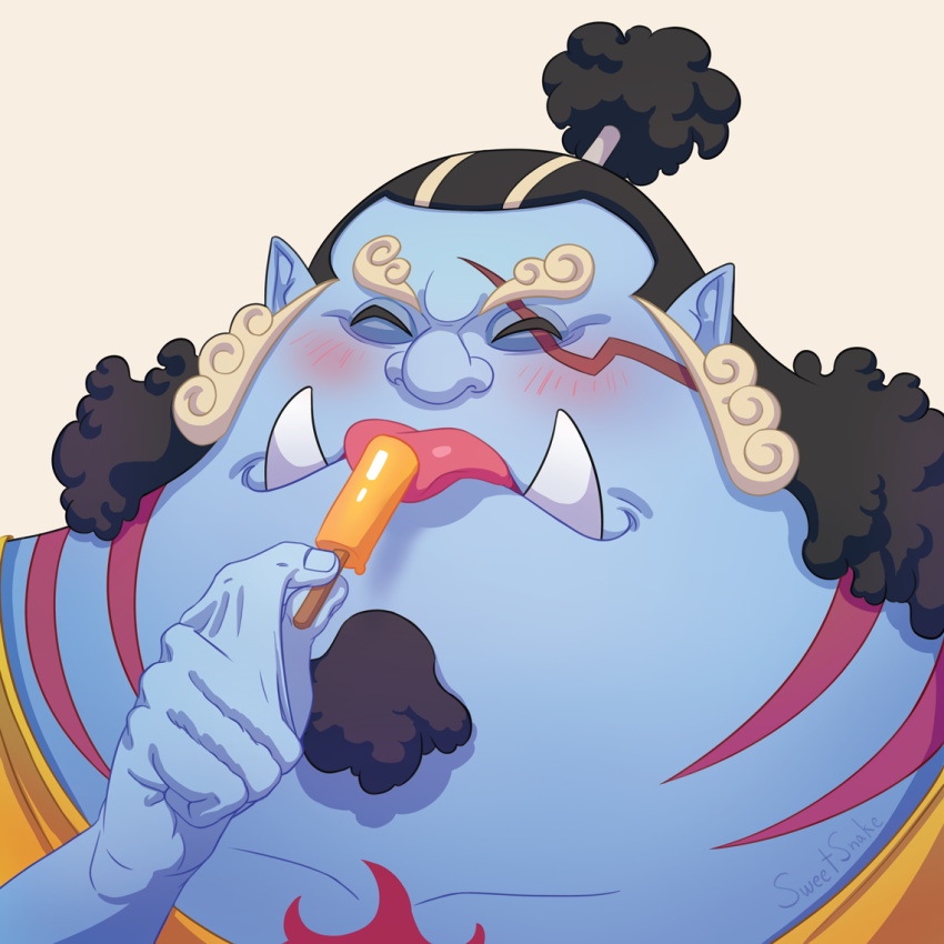 1boy black_hair blue_skin blush closed_eyes colored_skin curly_eyebrows eating fangs fish_boy food gills holding holding_food holding_ice_cream ice_cream jinbe_(one_piece) long_hair membrane monster_boy msvekla one_piece pointy_ears ponytail portrait shark_boy smile tongue tongue_out