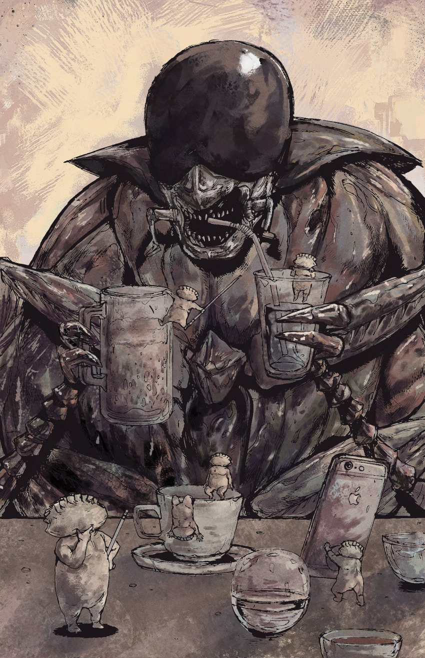 1boy 6+others beer_mug bug cellphone claws cockroach creature cup dorohedoro drinking drinking_glass drinking_straw eliasdessin english_commentary highres holding holding_cup iphone johnson_(dorohedoro) monster_boy mug multiple_others no_eyes no_humans open_mouth phone sitting smartphone table teacup